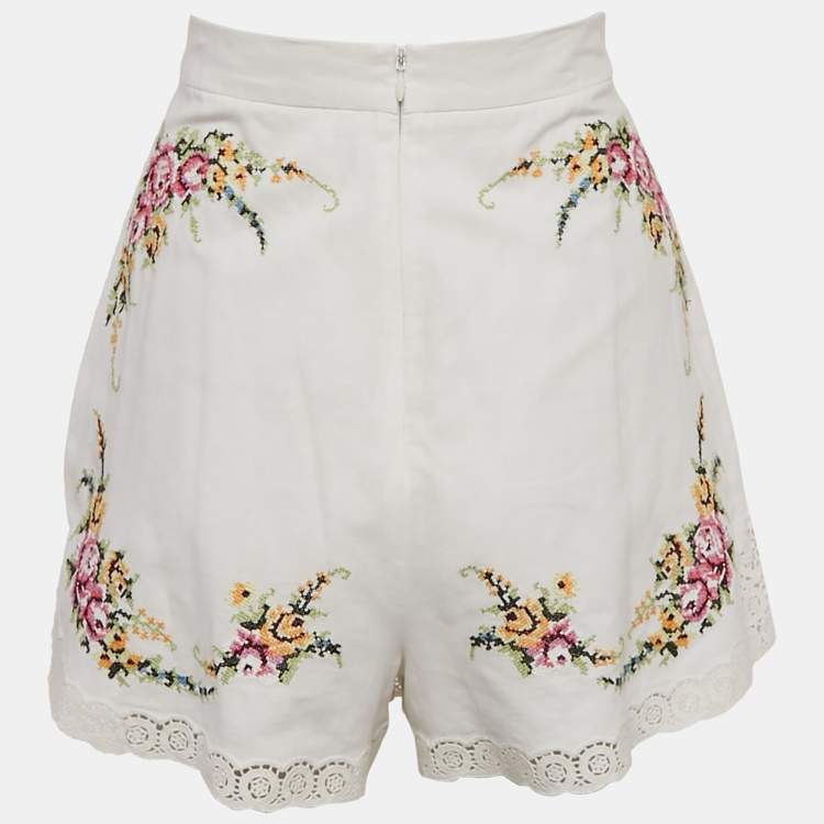 Pre Owned Zimmermann White Floral Embroidered Linen Blend Shorts M