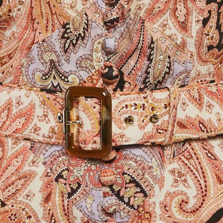 Pre Owned Zimmermann Brown Paisley Print Linen Belted Mini Dress M