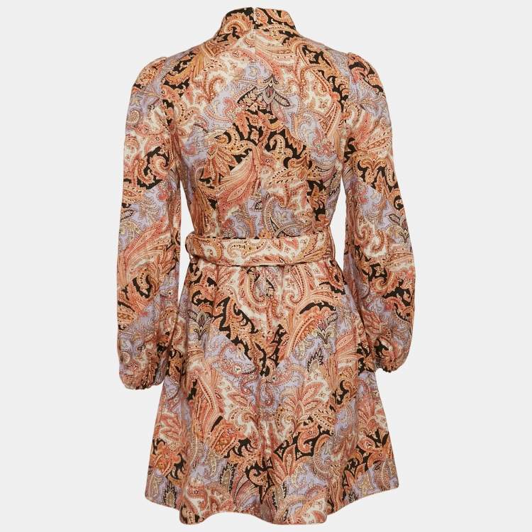 Pre Owned Zimmermann Brown Paisley Print Linen Belted Mini Dress M