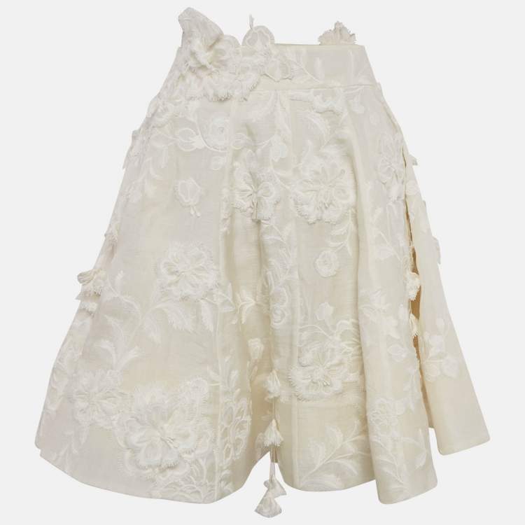 Pre Owned Zimmermann White Floral Applique Linen Blend Postcard Skirt S