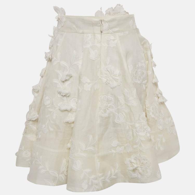 Pre Owned Zimmermann White Floral Applique Linen Blend Postcard Skirt S