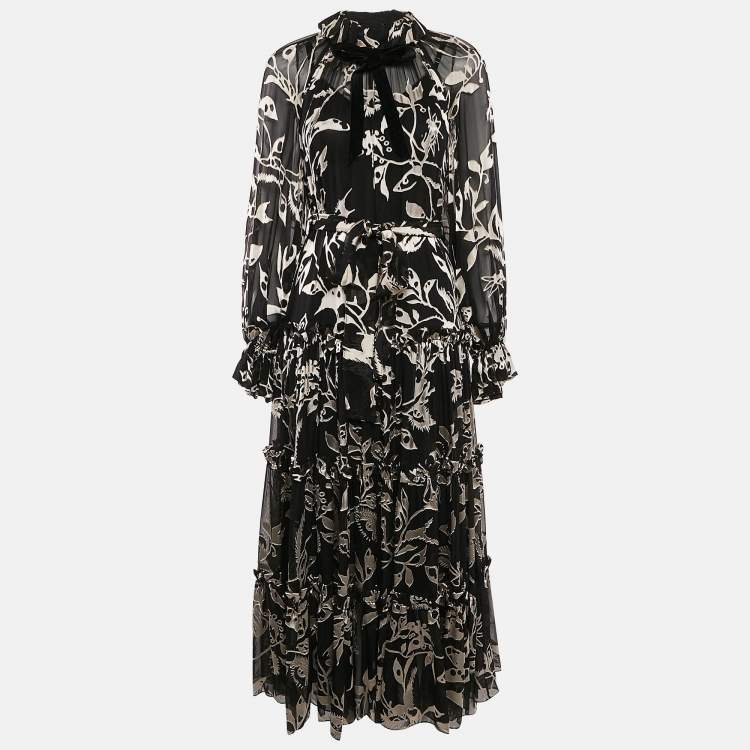 Pre Owned Zimmermann Black Silk Blend Jacquard Tiered Ladybeetle Swing Maxi Dress XS