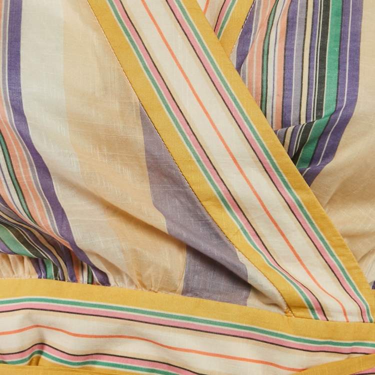 Pre Owned Zimmermann Yellow Striped Cotton Wrap Crop Top M