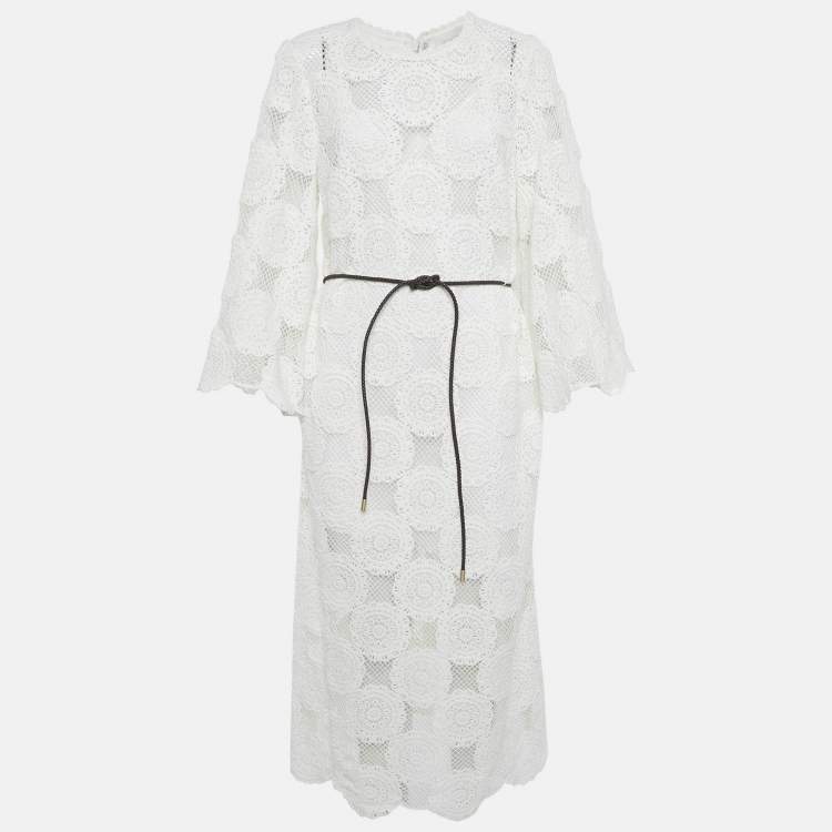 مملوكة مسبقًا Zimmermann White Patterned Crochet Junie Midi Dress L