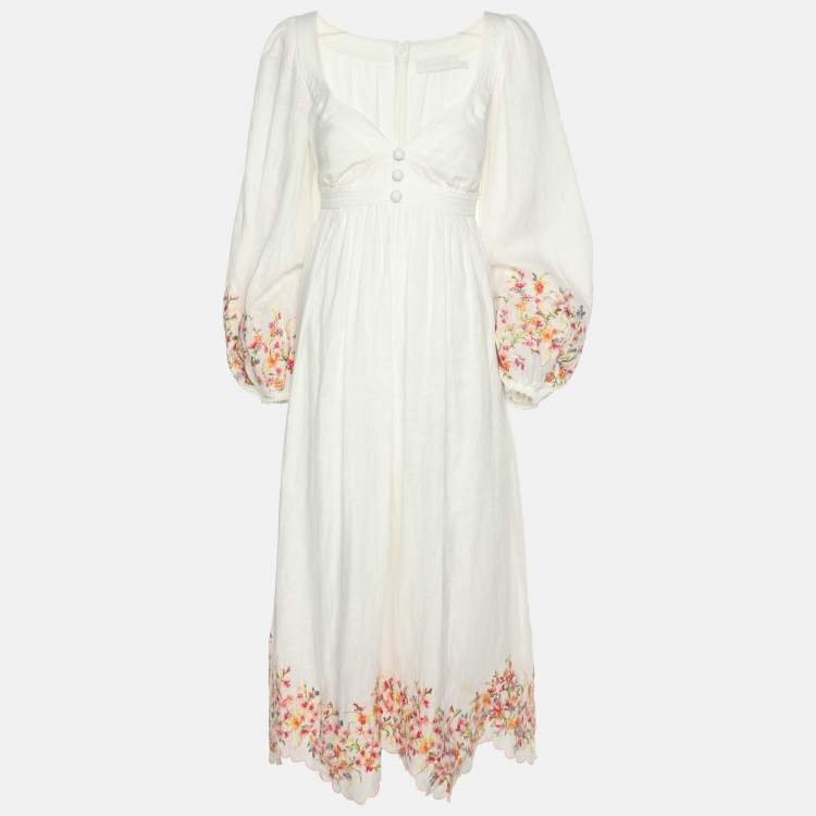 مملوكة مسبقًا Zimmermann White Floral Embroidered Linen Maxi Dress M