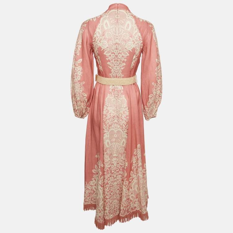 Pre Owned Zimmermann Pink Floral Print Linen Midi Dress S