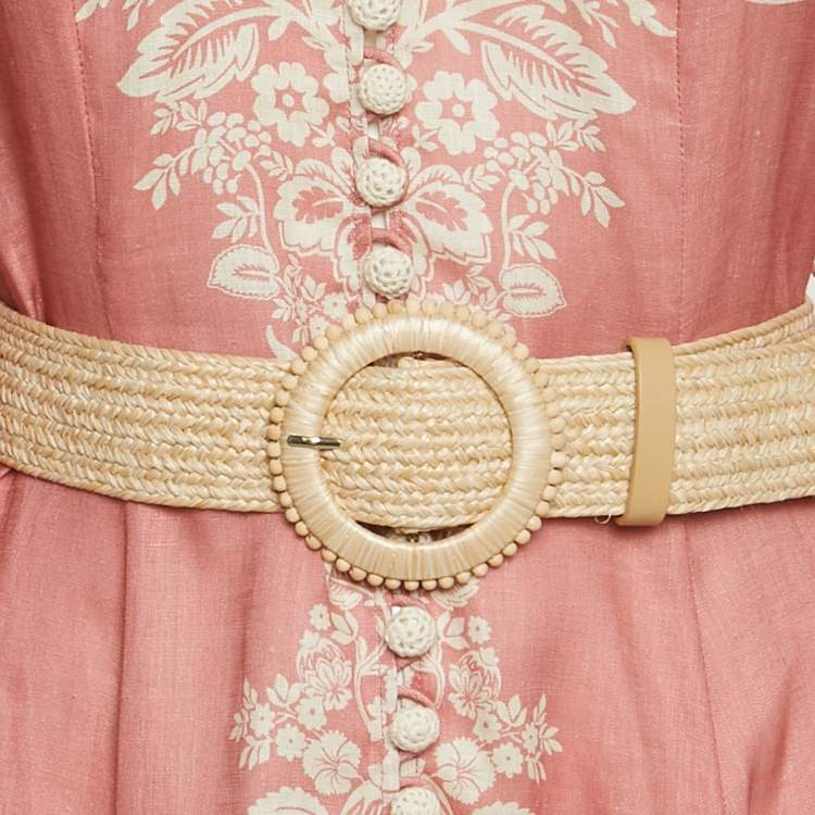 Pre Owned Zimmermann Pink Floral Print Linen Midi Dress S