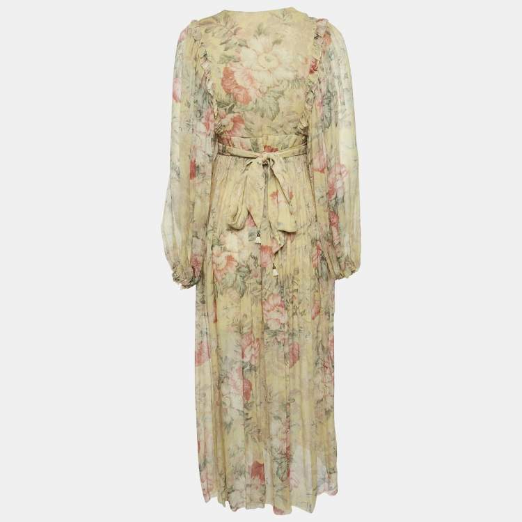 Pre Owned Zimmermann Yellow Floral Silk Maxi Wrap Dress M