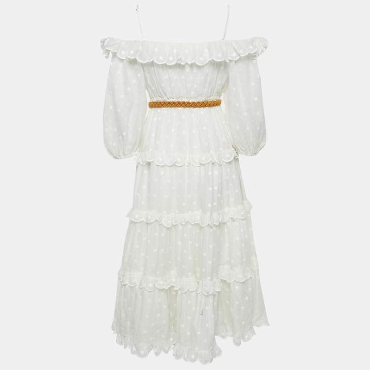 Pre Owned Zimmermann White Polka Dot Ramie Tiered Midi Dress M