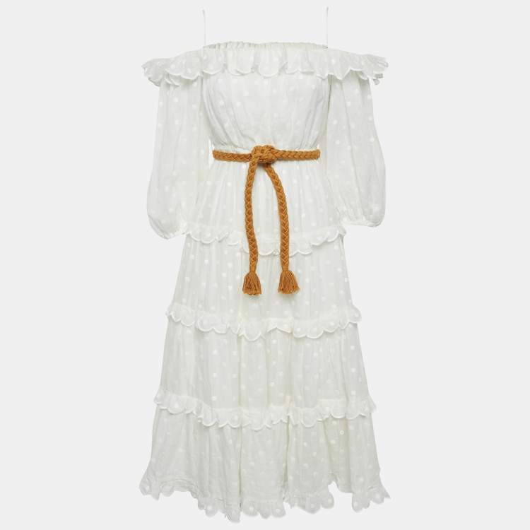 Pre Owned Zimmermann White Polka Dot Ramie Tiered Midi Dress M