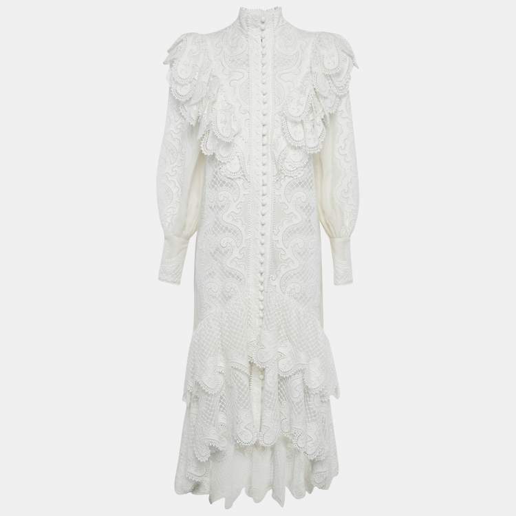 مملوكة مسبقًا Zimmermann White Wave Lace Linen Tiered Midi Dress M