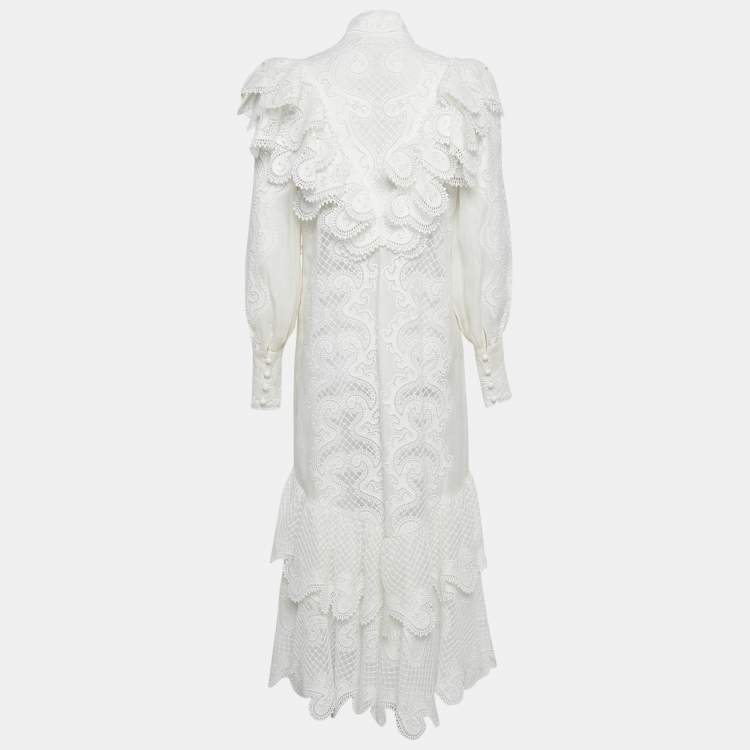 مملوكة مسبقًا Zimmermann White Wave Lace Linen Tiered Midi Dress M