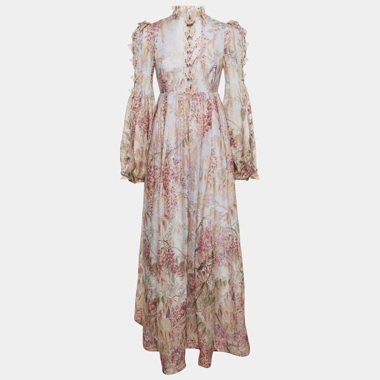 Pre Owned Zimmermann Pink Botanica Butterfly Linen Blend Maxi Dress M