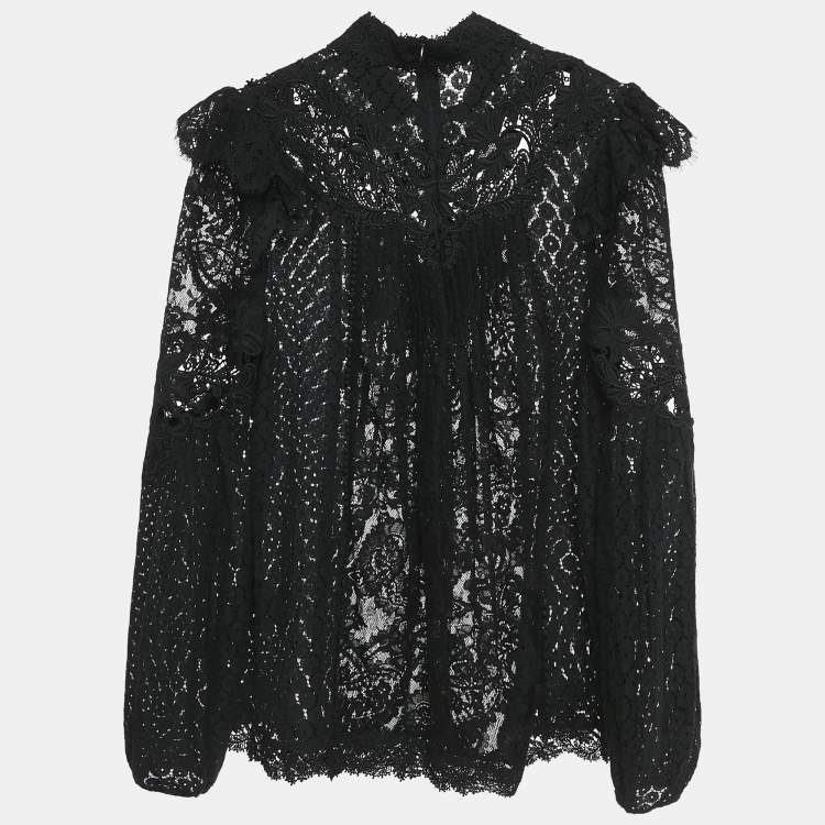 Pre Owned Zimmermann Black Lace Pleated High Neck Blouse M