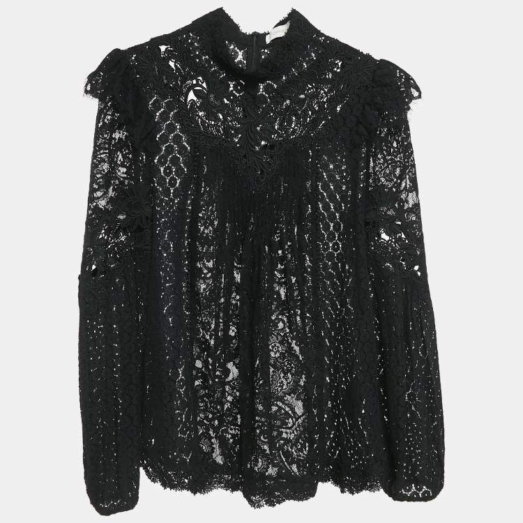 Pre Owned Zimmermann Black Lace Pleated High Neck Blouse M
