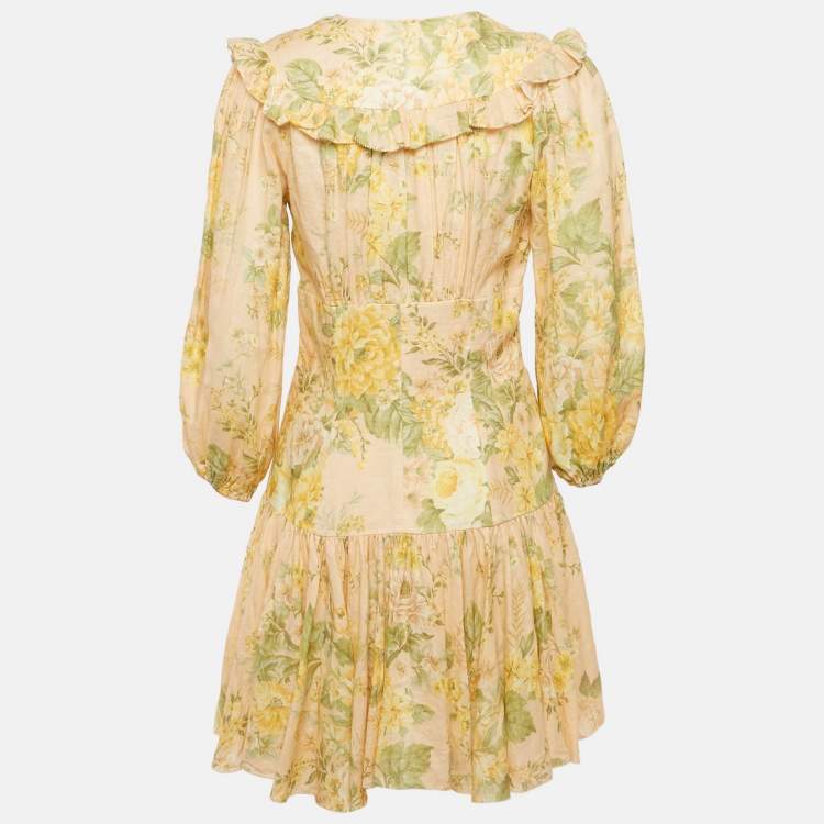 Pre Owned Zimmermann Beige Floral Print Linen Lace-Up Ruffled Mini Dress M