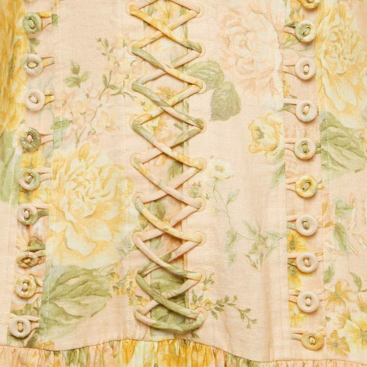 Pre Owned Zimmermann Beige Floral Print Linen Lace-Up Ruffled Mini Dress M