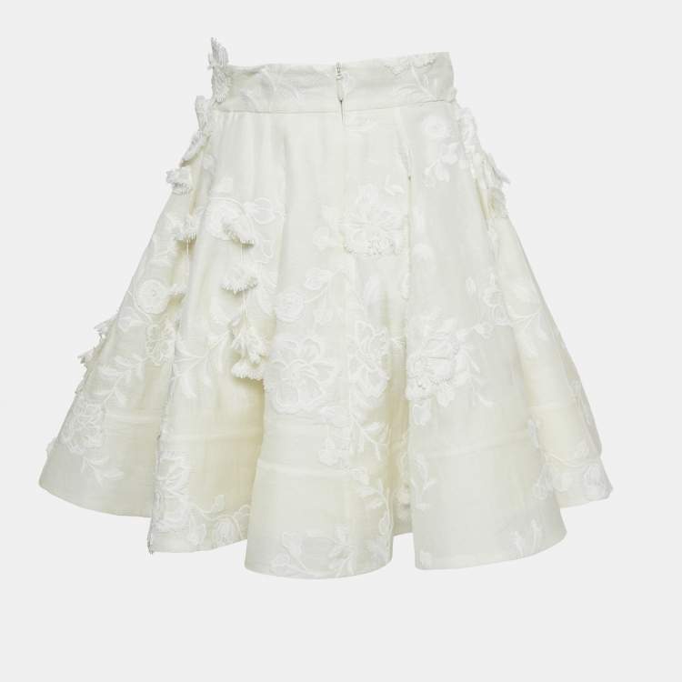 Pre Owned Zimmermann White Applique Detail Lenin Flared Skirt M
