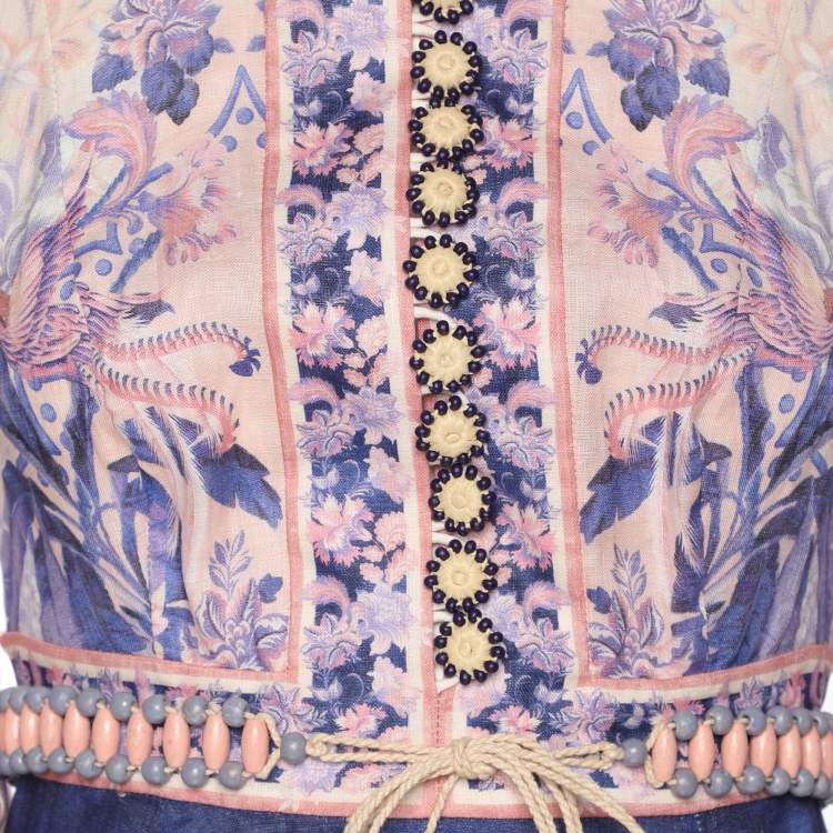 Pre Owned Zimmerman Multicolor Linen Lyre Billow Sleeve Midi Dress XS