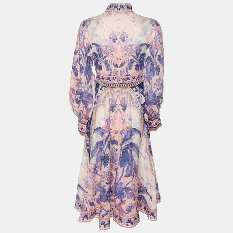Pre Owned Zimmerman Multicolor Linen Lyre Billow Sleeve Midi Dress XS