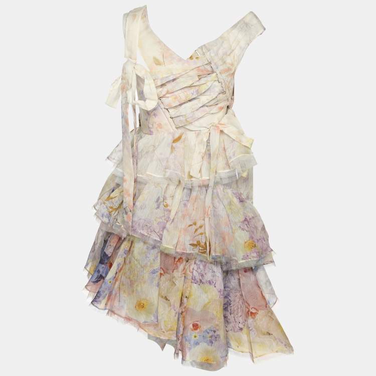 Pre Owned Zimmerman Multicolor Silk Blend Rhythmic Asymmetric Tiered Ruffle Mini Dress XS