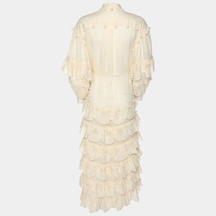 Pre Owned Zimmermann Cream Ramie Lyre Trim Midi Dress XS