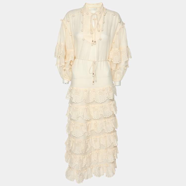 Pre Owned Zimmermann Cream Ramie Lyre Trim Midi Dress XS