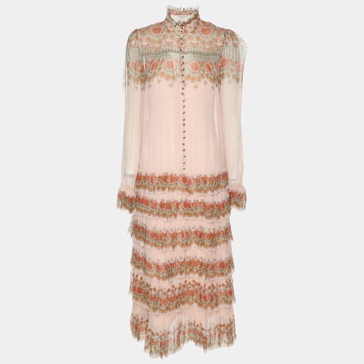 Pre Owned Zimmerman Multicolor Silk Kaleidoscope Tiered Frill Midi Dress XS
