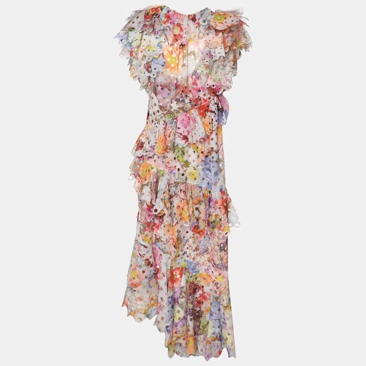 Pre Owned Zimmermann Multicolor Floral Print Laser-Cut Gauze Frilled Prima Gown S