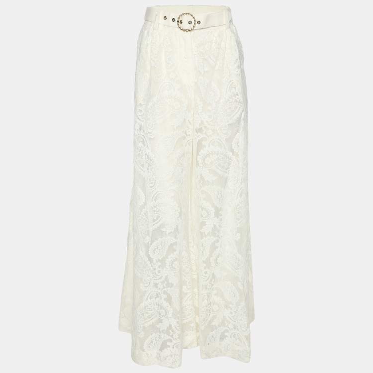 Pre Owned Zimmermann White Lace Wonderland Wide Leg Pants XS