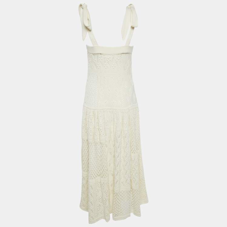 Pre Owned Zimmermann Cream Crochet Knit Tie-Up Sleeve Midi Dress L