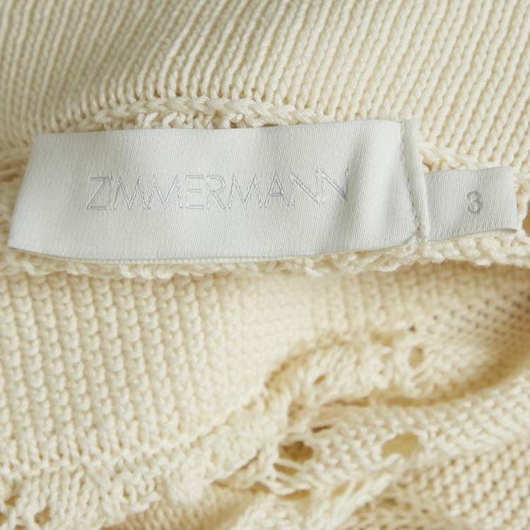 Pre Owned Zimmermann Cream Crochet Knit Tie-Up Sleeve Midi Dress L