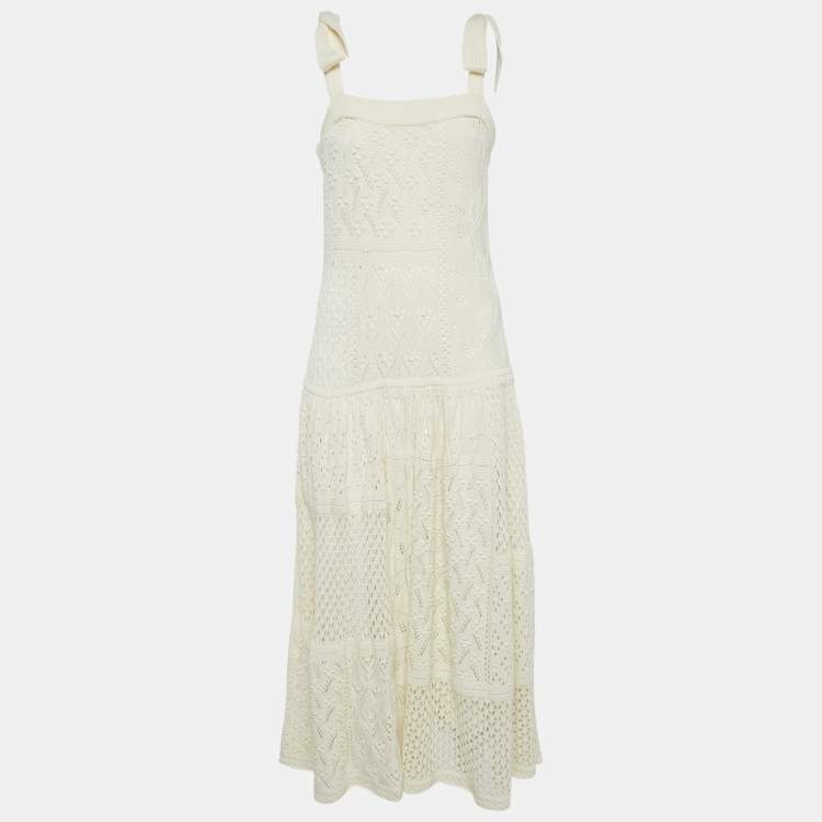 Pre Owned Zimmermann Cream Crochet Knit Tie-Up Sleeve Midi Dress L