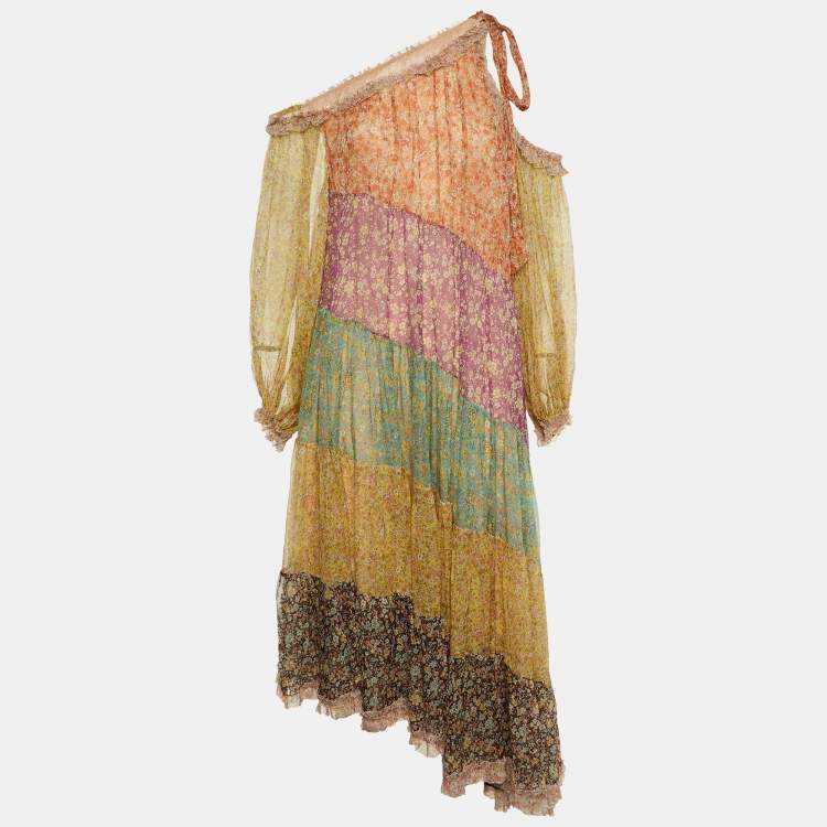 Pre Owned Zimmermann Multicolor Floral Print Silk Paneled Carnaby Midi Dress M