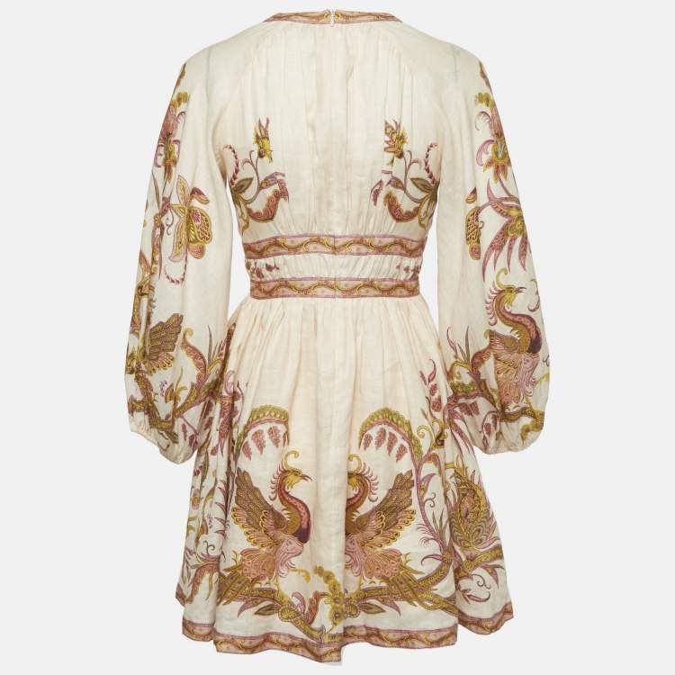 Pre Owned Zimmermann Peach Pink Printed Linen Mini Dress XS