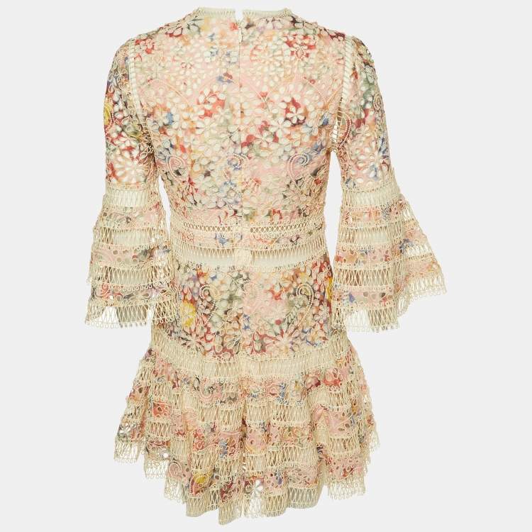 Pre Owned Zimmermann Cream Printed Cotton & Lace Trim Mini Dress M