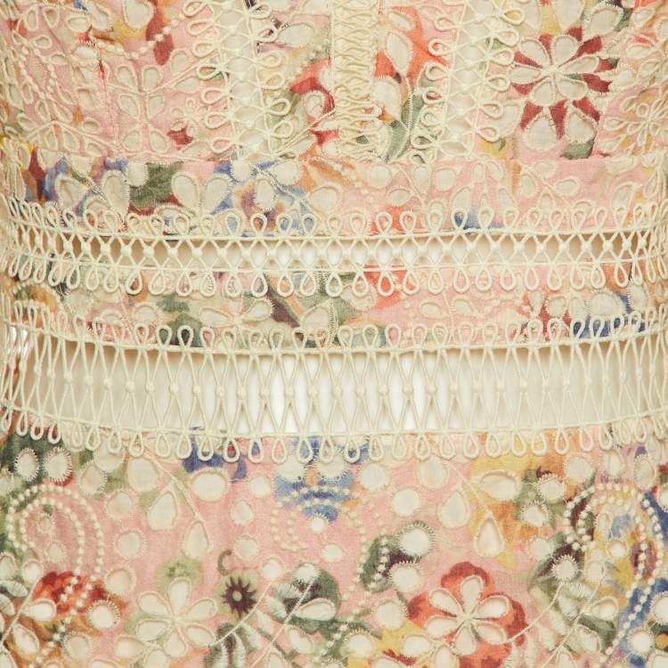 Pre Owned Zimmermann Cream Printed Cotton & Lace Trim Mini Dress M