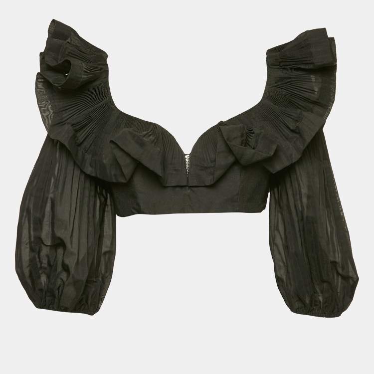 Pre Owned Zimmermann Black Crepe Ruffled Crop Top M
