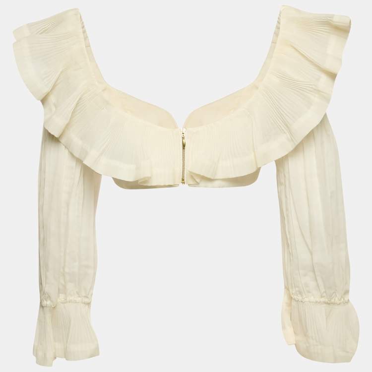Pre Owned Zimmermann White Crepe Ruffled The Lovestruck Crop Top L