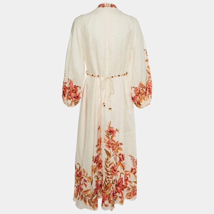 مملوكة مسبقًا Zimmermann Light Pink Floral Pink Linen Vacay Billow Long Dress M
