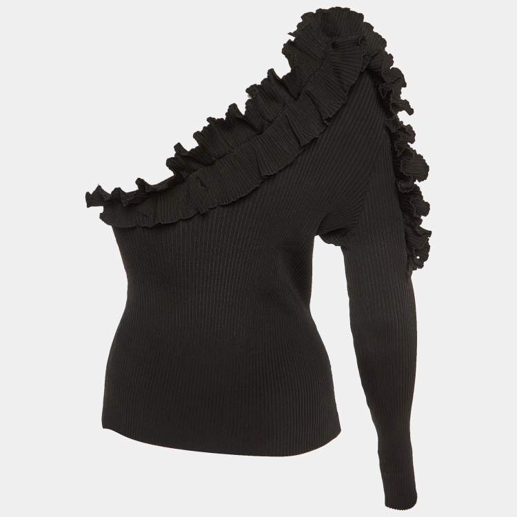 Pre Owned Zimmermann Black  Ruffle Detail Rib Knit One Shoulder Top M