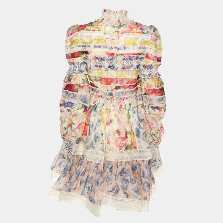مملوكة مسبقًا Zimmermann Multicolor Linen Silk Wonderland Smocked Mini Dress M