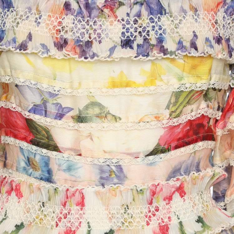 مملوكة مسبقًا Zimmermann Multicolor Linen Silk Wonderland Smocked Mini Dress M