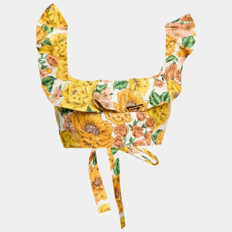 Pre Owned Zimmermann Multicolor/Yellow Poppy Floral Print Linen Tie-Up Crop Top L