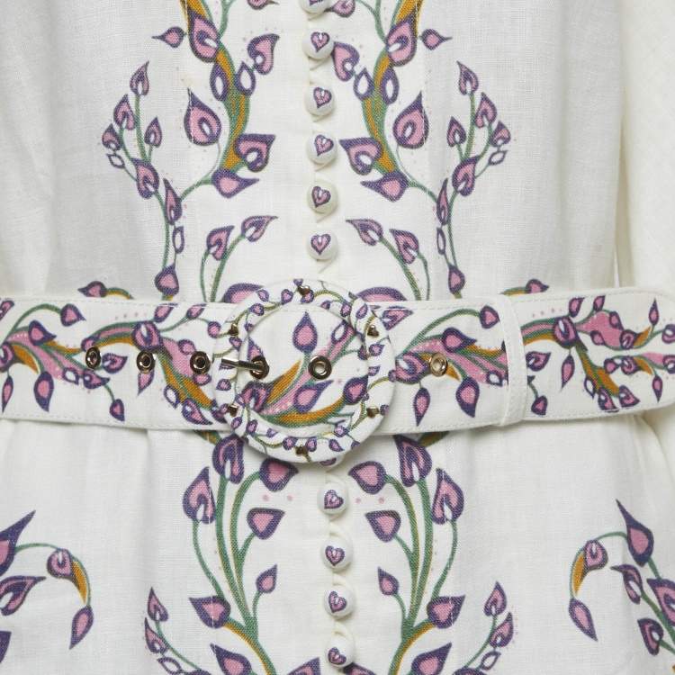 Pre Owned Zimmermann White Floral Print Linen Mini Dress M