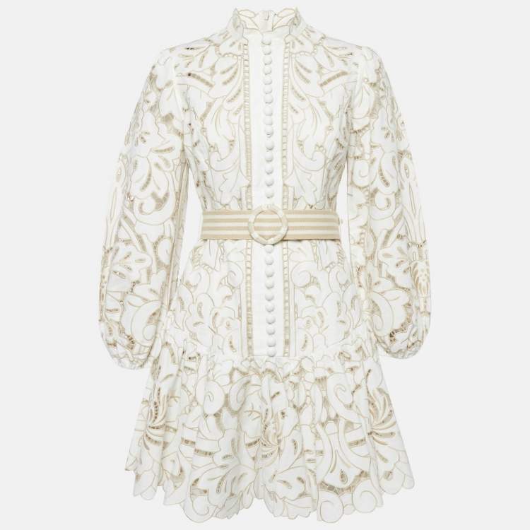 مملوكة مسبقًا Zimmermann White Floral Broderie Anglaise Linen Belted Mini Dress M