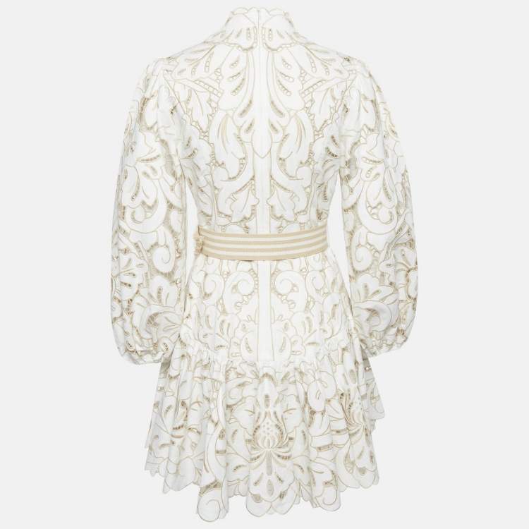 مملوكة مسبقًا Zimmermann White Floral Broderie Anglaise Linen Belted Mini Dress M