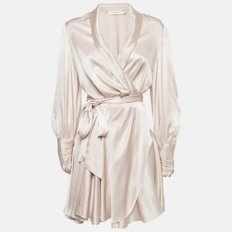 Pre Owned Zimmermann Beige Satin Silk Blouson Sleeve Mini Wrap Dress M