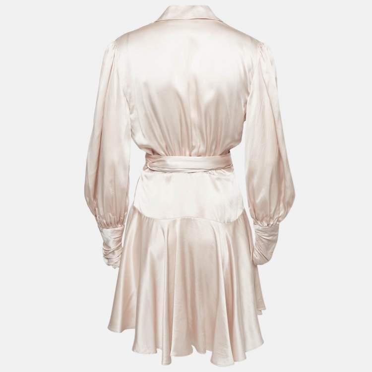 Pre Owned Zimmermann Beige Satin Silk Blouson Sleeve Mini Wrap Dress M