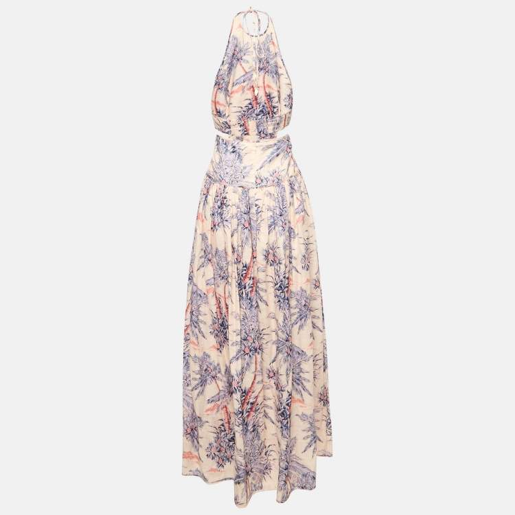 Pre Owned Zimmermann Pink Tree Print Linen Cut-Out Halter Neck Cira Maxi Dress M
